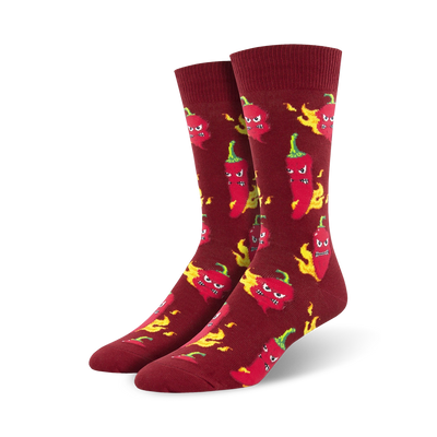 mens red crew socks with all-over print of cartoon chili peppers with flame hair.   