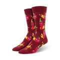 Lifestyle shot: Model wearing the Hot Stuff chili pepper socks with jeans and sneakers. 