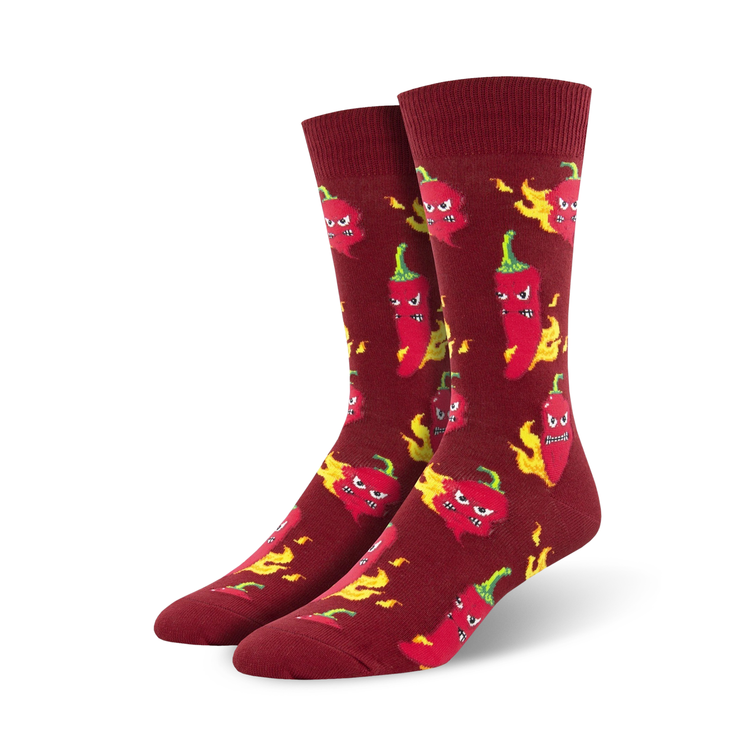 Lifestyle shot: Model wearing the Hot Stuff chili pepper socks with jeans and sneakers. 