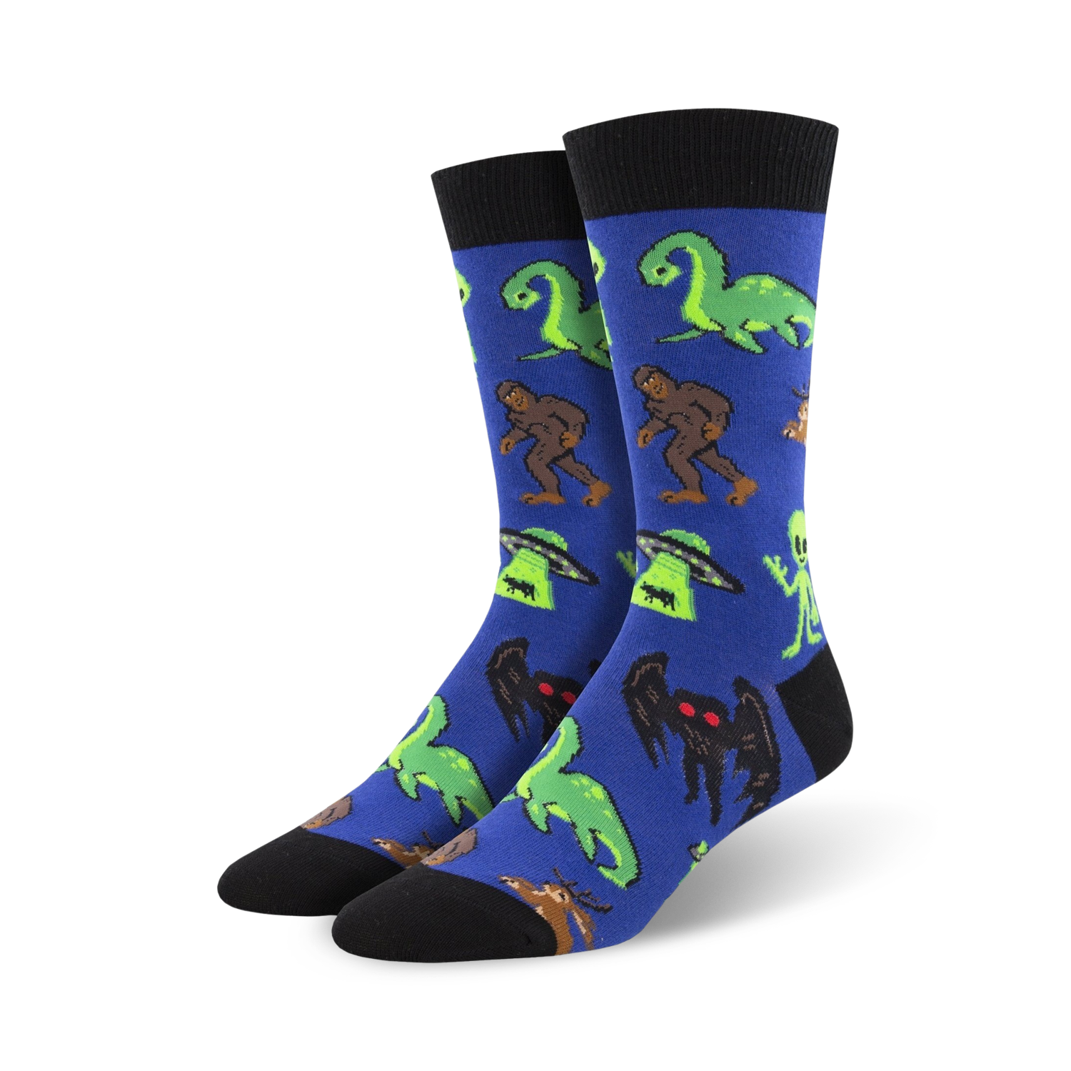 Close-up of blue Cryptids socks showcasing the vibrant color and detailed design of the mythical creatures.
