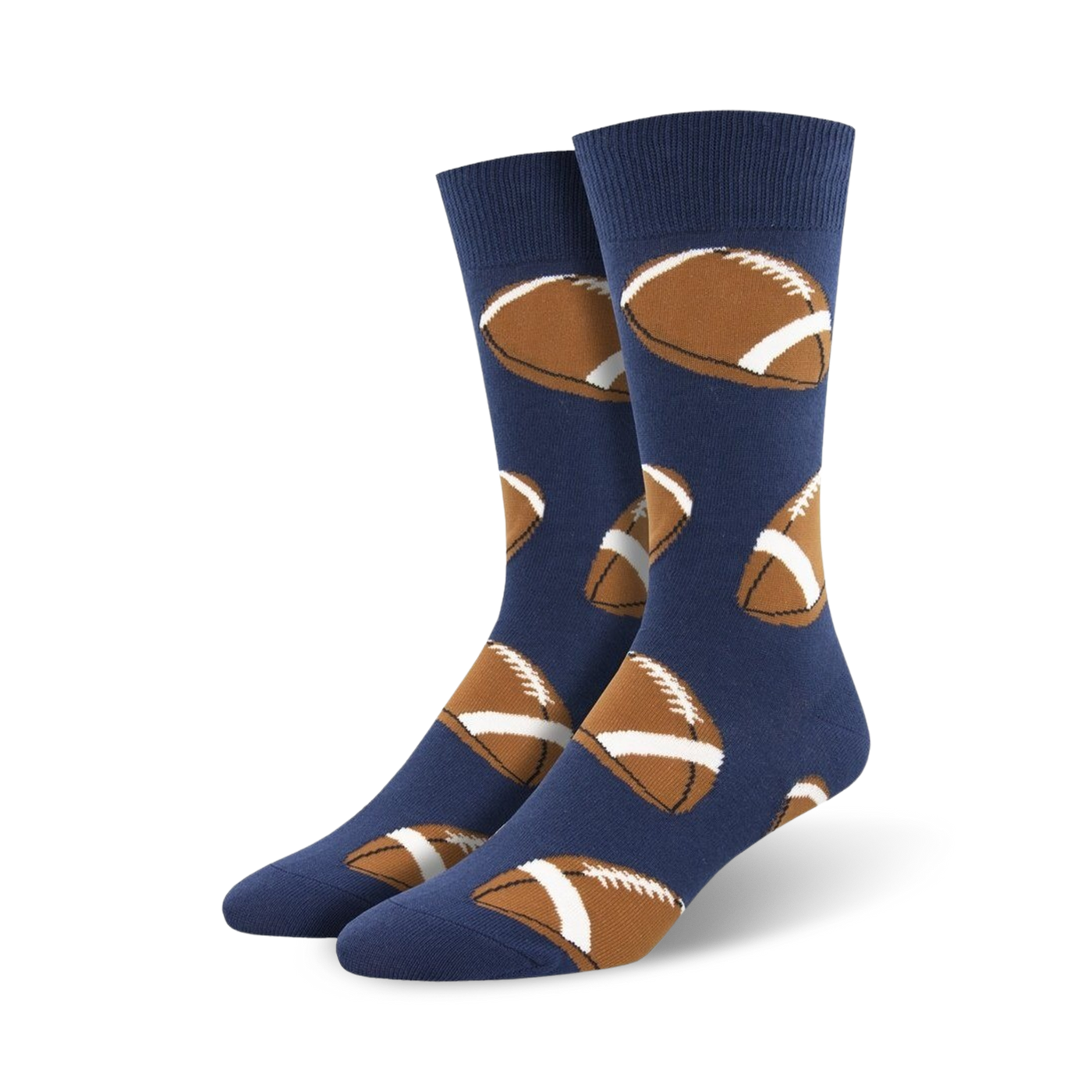 Pair of navy blue crew socks with a pattern of brown and white footballs.