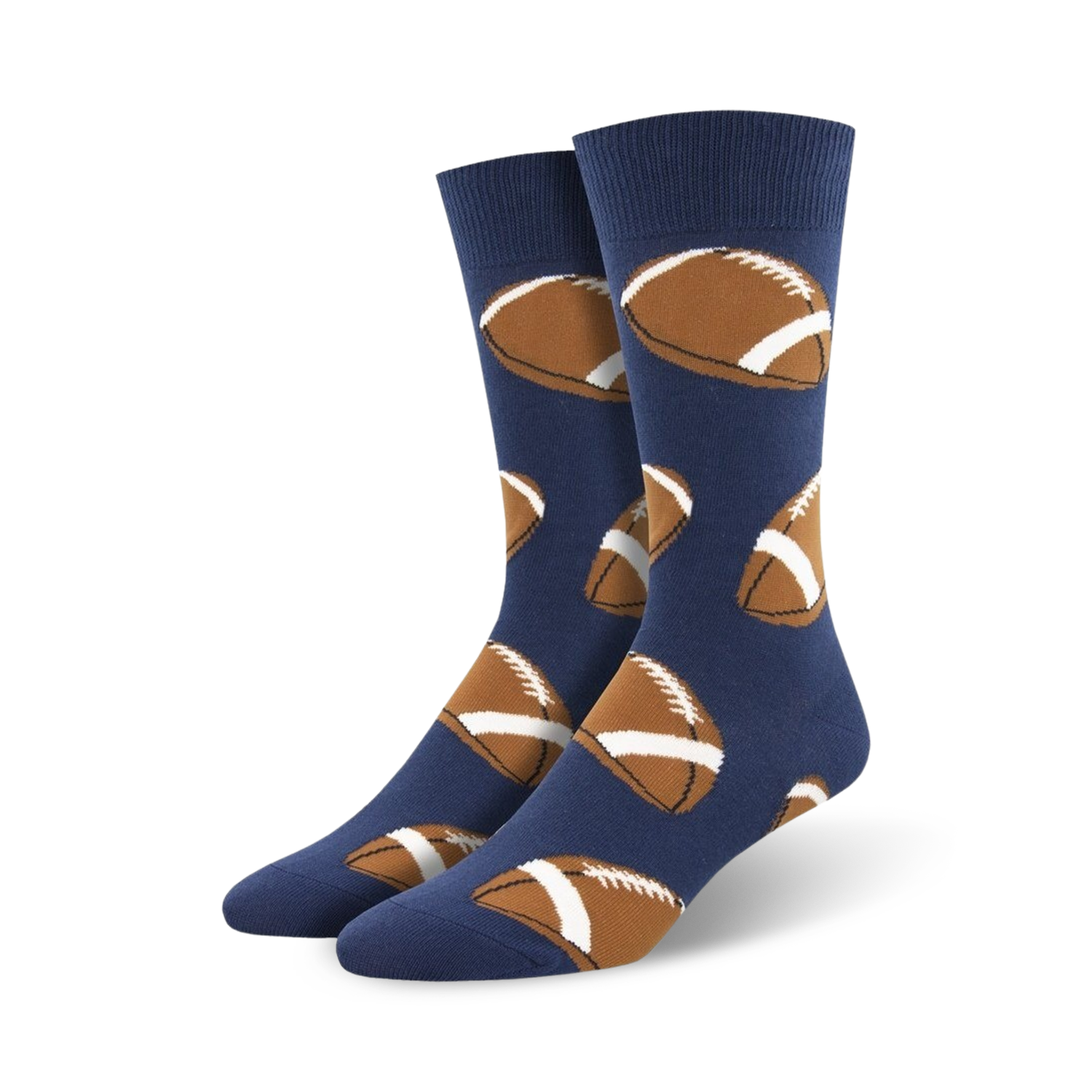 Pair of navy blue crew socks with a pattern of brown and white footballs.