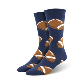 blue crew socks with brown footballs, white stripes, and laces. fall theme, perfect for men.  