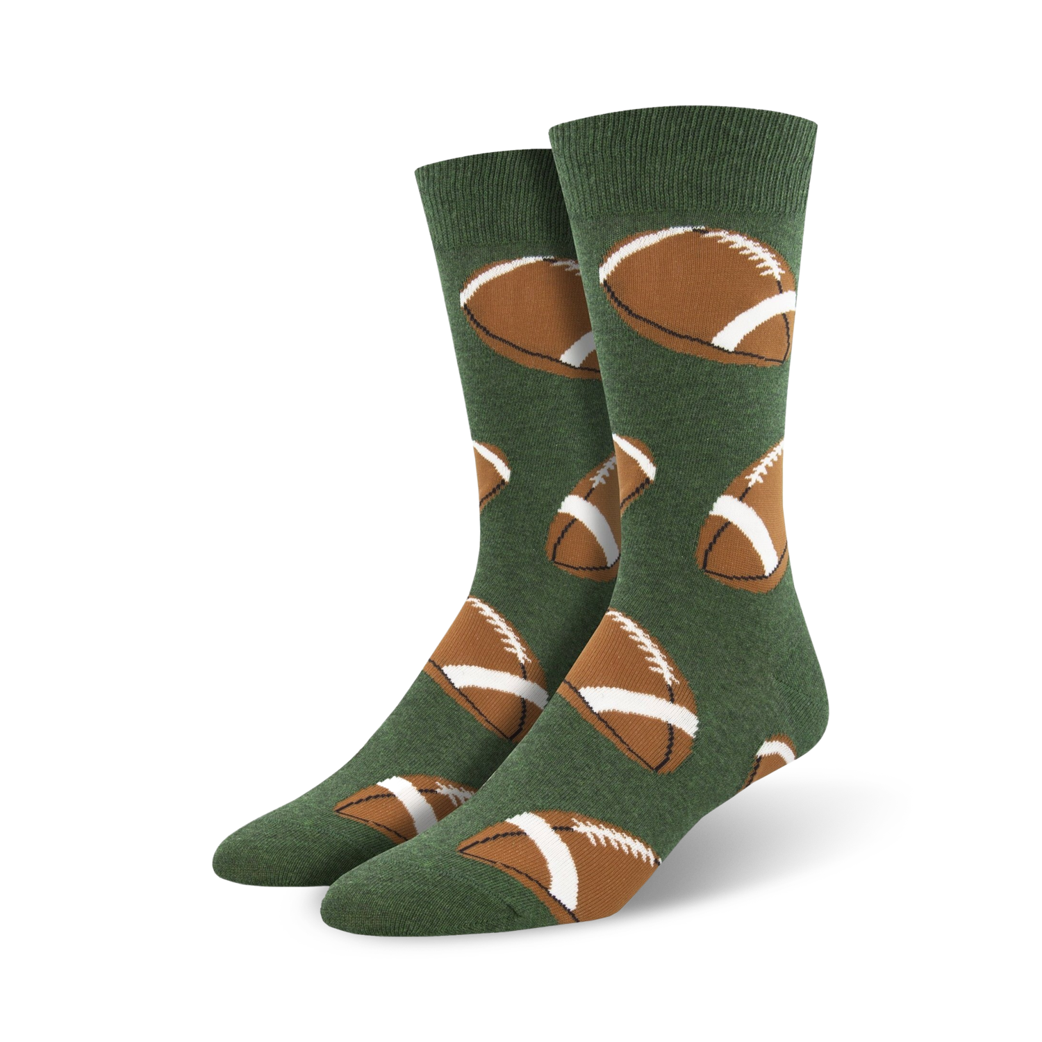Lifestyle shot of Pigskin socks in hunter green, showcasing the football pattern on a model's feet.