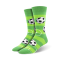 Pair of green crew socks with soccer balls and field markings.  The socks have horizontal green stripes and black and white soccer balls.