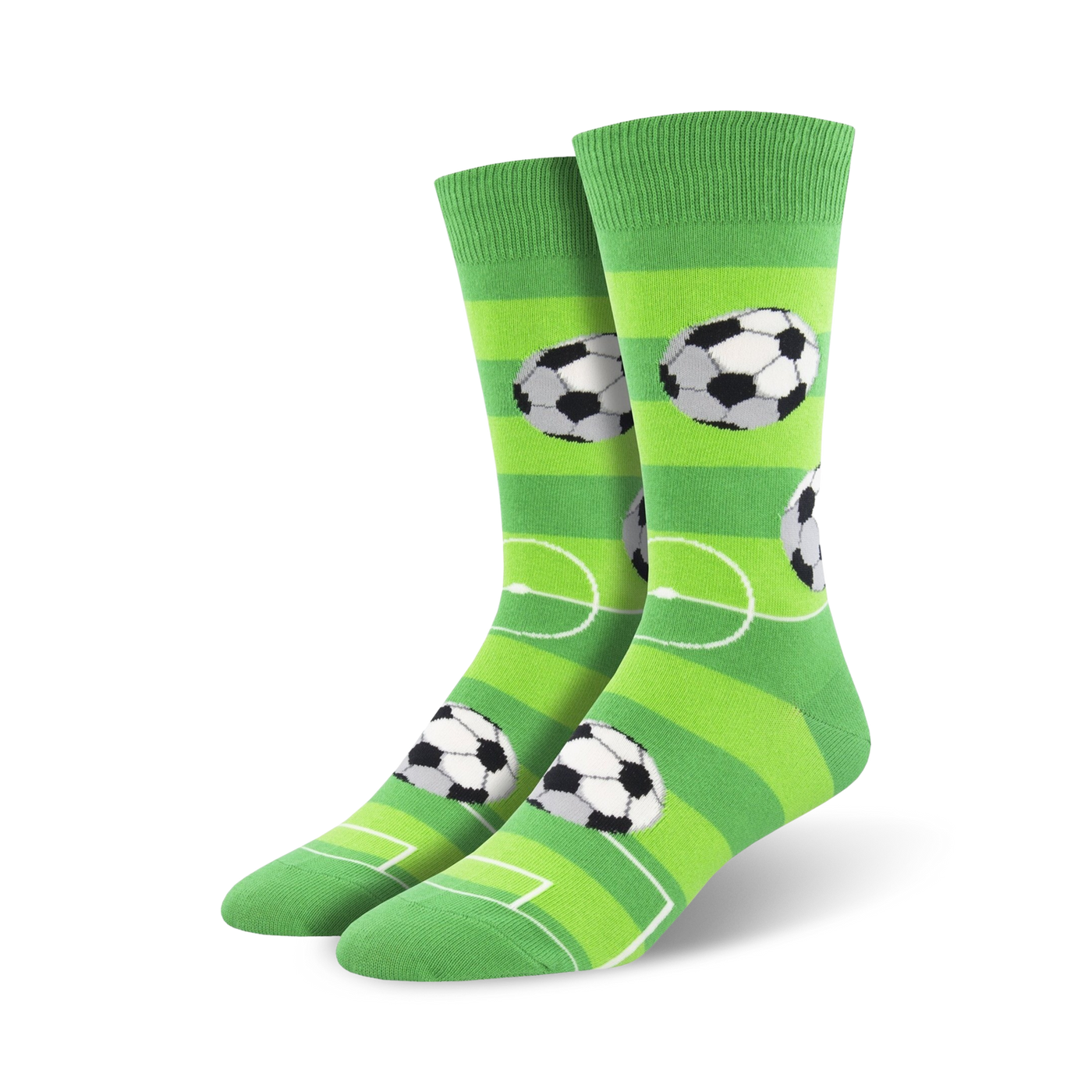 Pair of green crew socks with soccer balls and field markings.  The socks have horizontal green stripes and black and white soccer balls.