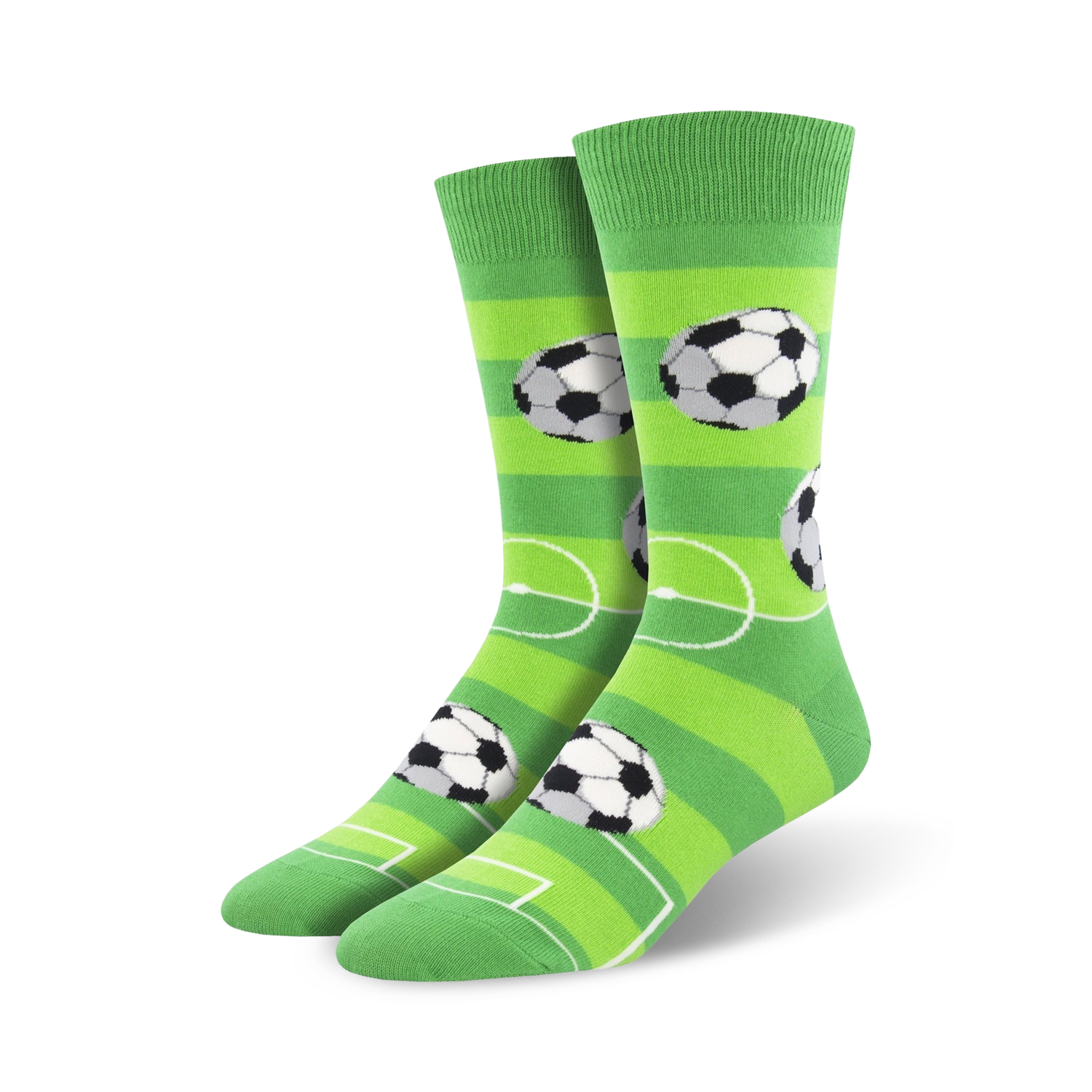 Pair of green crew socks with soccer balls and field markings.  The socks have horizontal green stripes and black and white soccer balls.