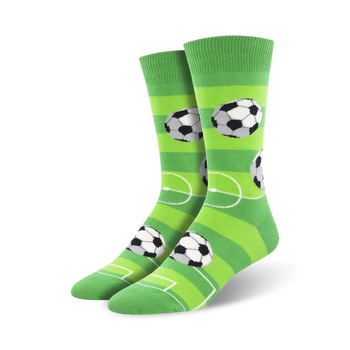 green crew socks with black and white soccer balls and white lines. men's.   