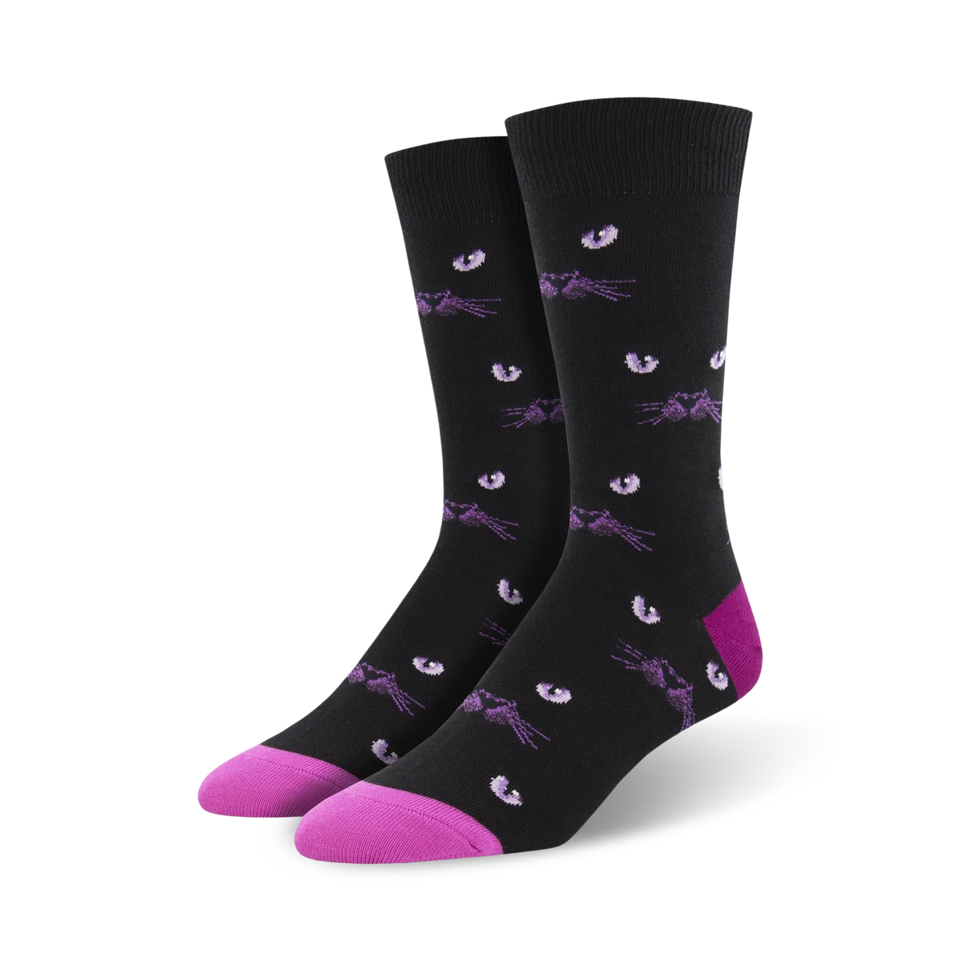 Pair of black crew socks with a repeating pattern of purple cat eyes and whiskers.  Pink accents at the toe and heel.
