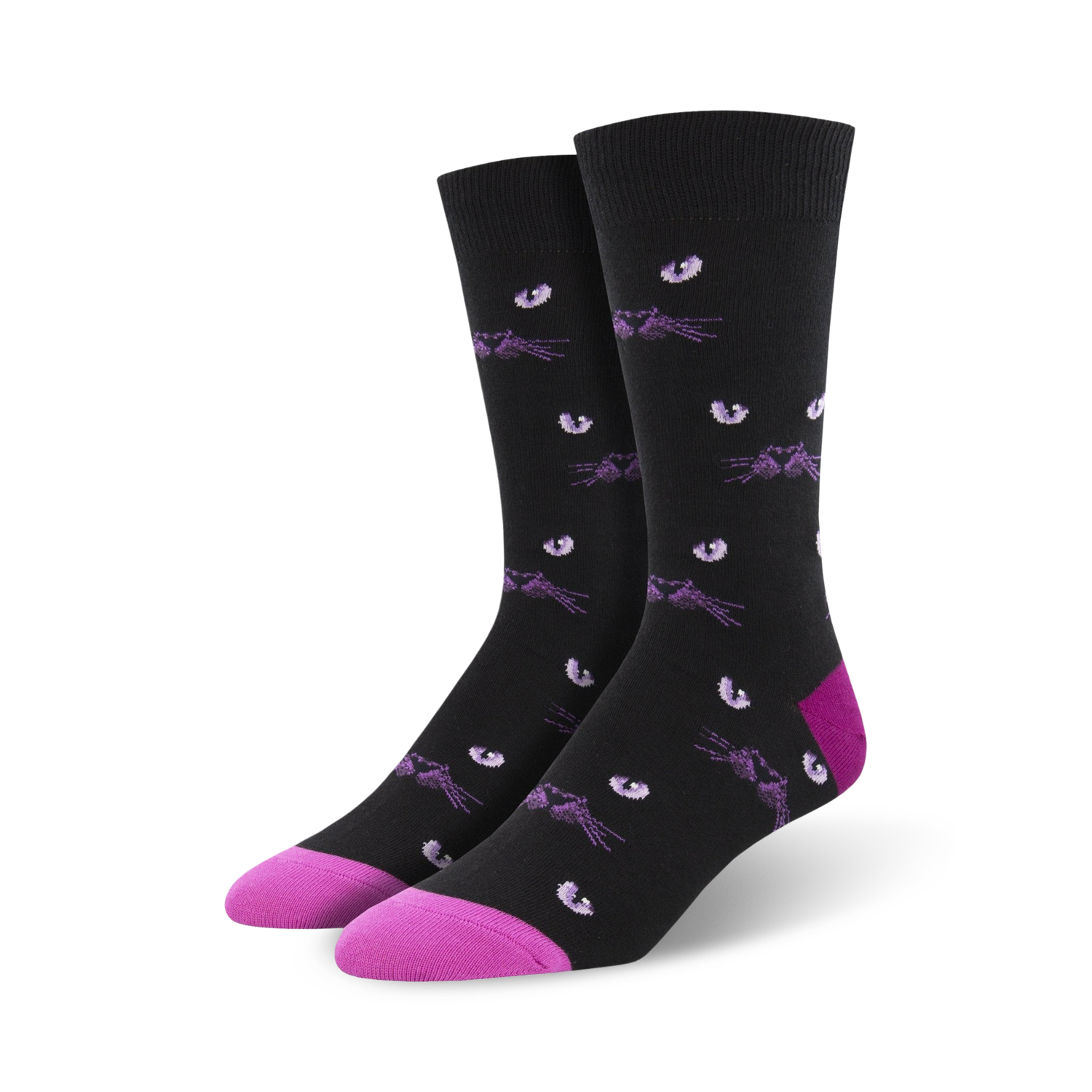 Pair of black crew socks with a repeating pattern of purple cat eyes and whiskers.  Pink accents at the toe and heel.