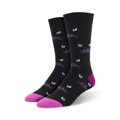 mens black and purple cat eye cartoon novelty crew socks   