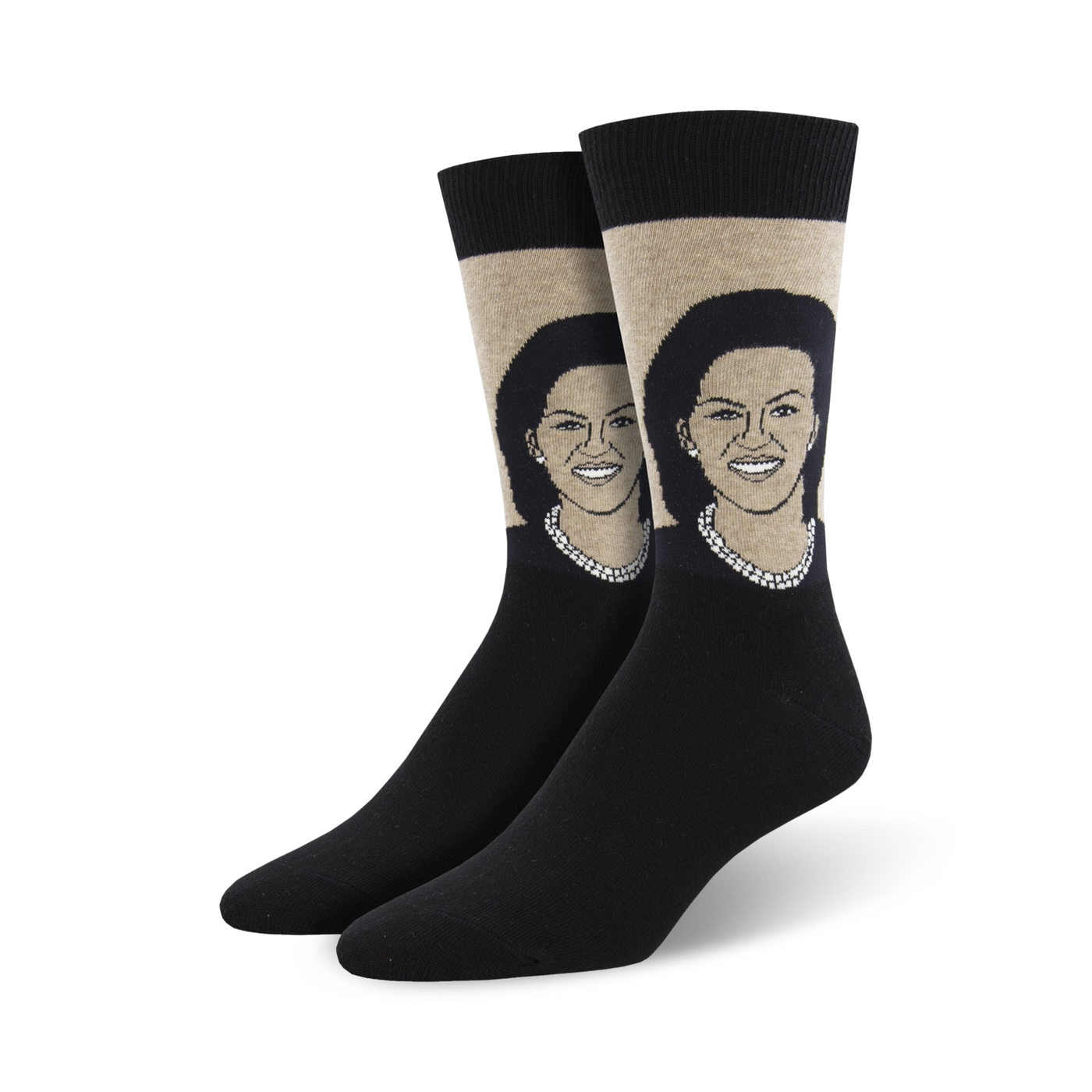 Pair of crew socks featuring a portrait of Michelle Obama. The socks are black with a beige panel showcasing the image and have a comfortable fit.