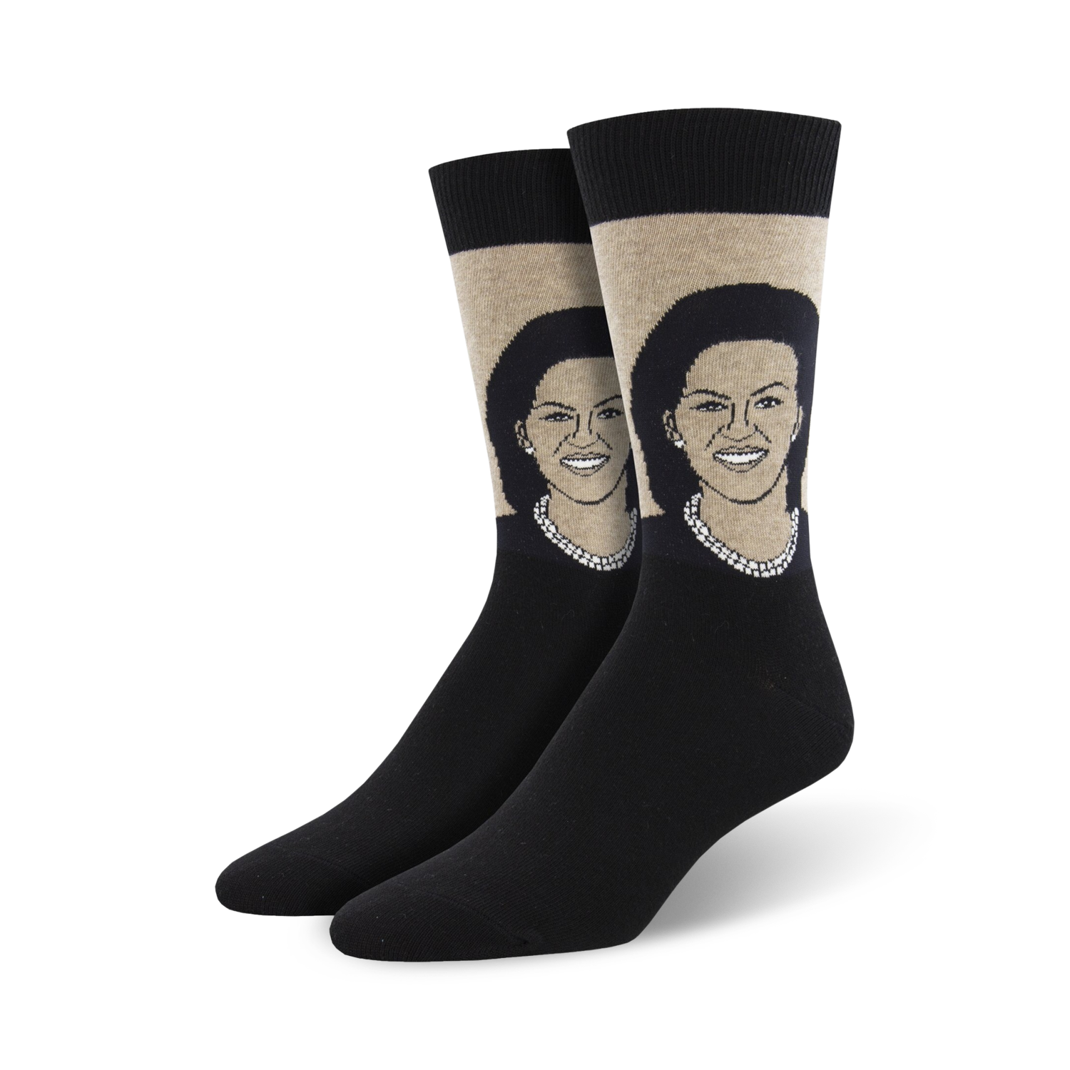 Pair of crew socks featuring a portrait of Michelle Obama. The socks are black with a beige panel showcasing the image and have a comfortable fit.