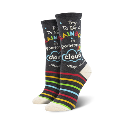 black and white women's crew socks with inspiring maya angelou quote and a multi-colored striped top.  