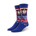 A pair of blue crew socks with a red, white, and blue design.  A dog wearing a suit and 'Dog for President' are featured on each sock.