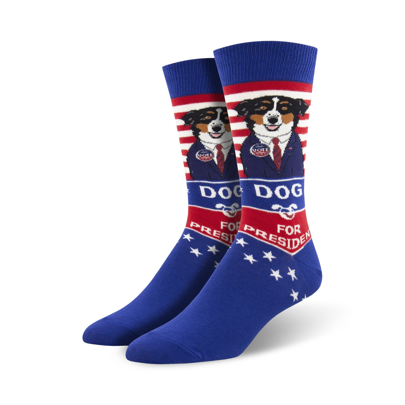 A pair of blue crew socks with a red, white, and blue design.  A dog wearing a suit and 'Dog for President' are featured on each sock.