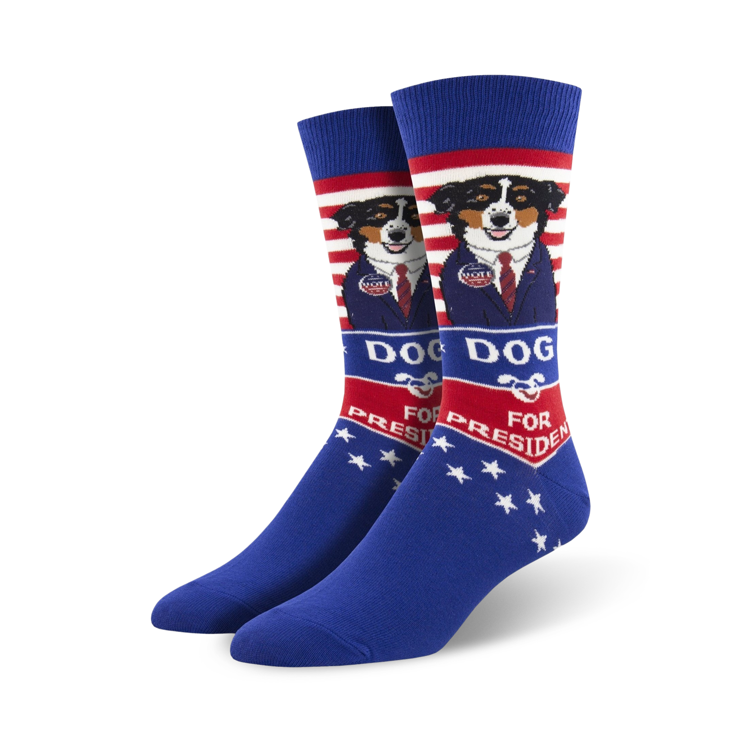 A pair of blue crew socks with a red, white, and blue design.  A dog wearing a suit and 'Dog for President' are featured on each sock.