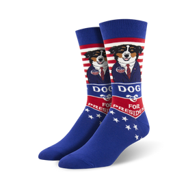  cartoon dog in suit for president on crew socks.   