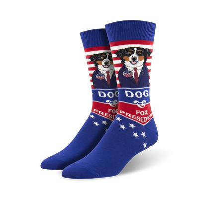  cartoon dog in suit for president on crew socks.   