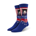Crew socks in blue, red, and white, featuring a black cat in a suit and 'Cat for President' text, with stars and stripes.