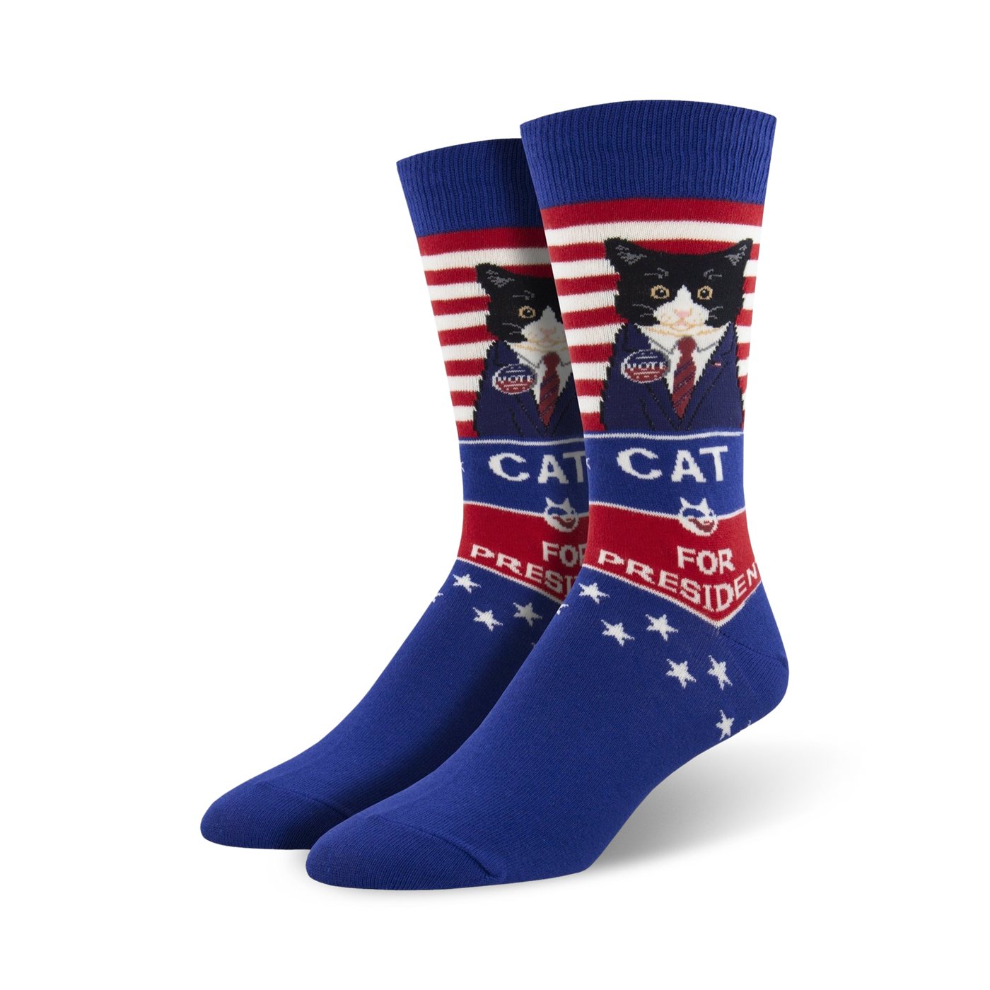 Crew socks in blue, red, and white, featuring a black cat in a suit and 'Cat for President' text, with stars and stripes.