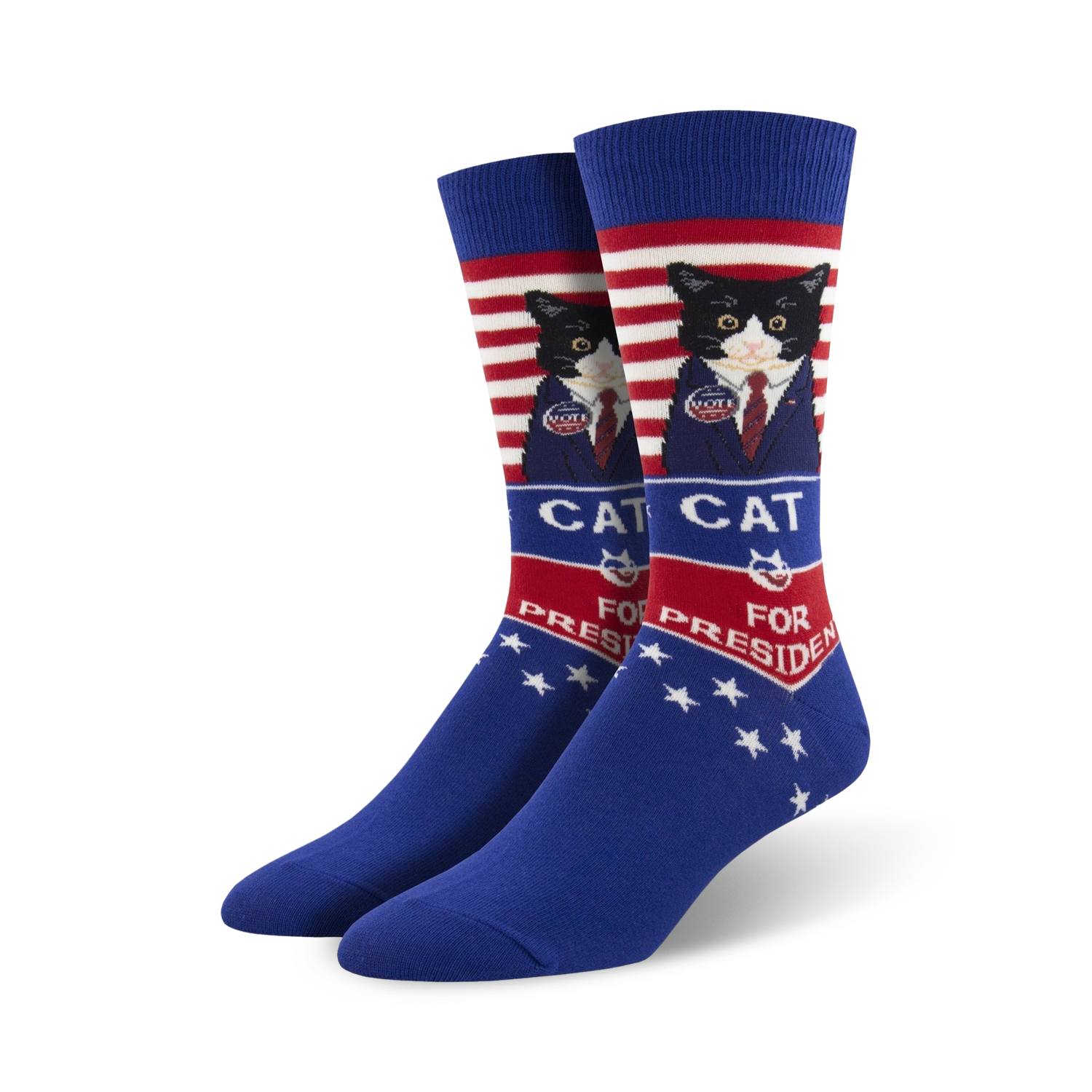 Crew socks in blue, red, and white, featuring a black cat in a suit and 'Cat for President' text, with stars and stripes.
