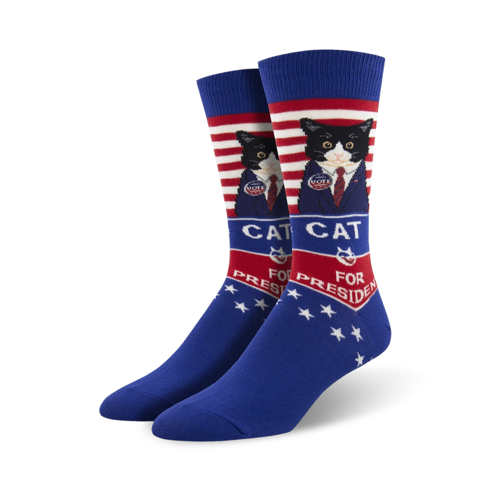 blue socks with red and white stripes feature a cat in a suit and tie running for president.   }}