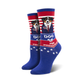 Crew socks in blue, red, and white.  Features a graphic of a dog in a suit with 'Dog for President' text and stars.