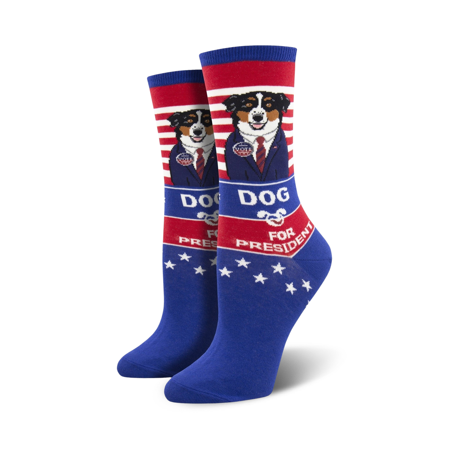 Crew socks in blue, red, and white.  Features a graphic of a dog in a suit with 'Dog for President' text and stars.