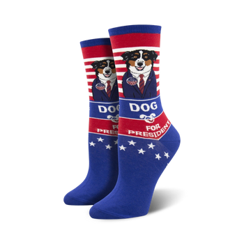  women's blue crew socks with cartoon dog in suit and tie with "vote" sticker and "dog for president" text.  