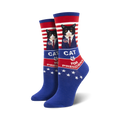 Crew socks in blue, red, and white featuring a tuxedo cat in a suit, with 'Cat for President' text.