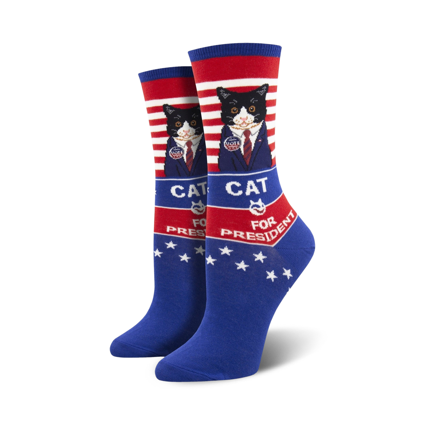 Crew socks in blue, red, and white featuring a tuxedo cat in a suit, with 'Cat for President' text.