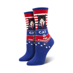 Crew socks in blue, red, and white featuring a tuxedo cat in a suit, with 'Cat for President' text.