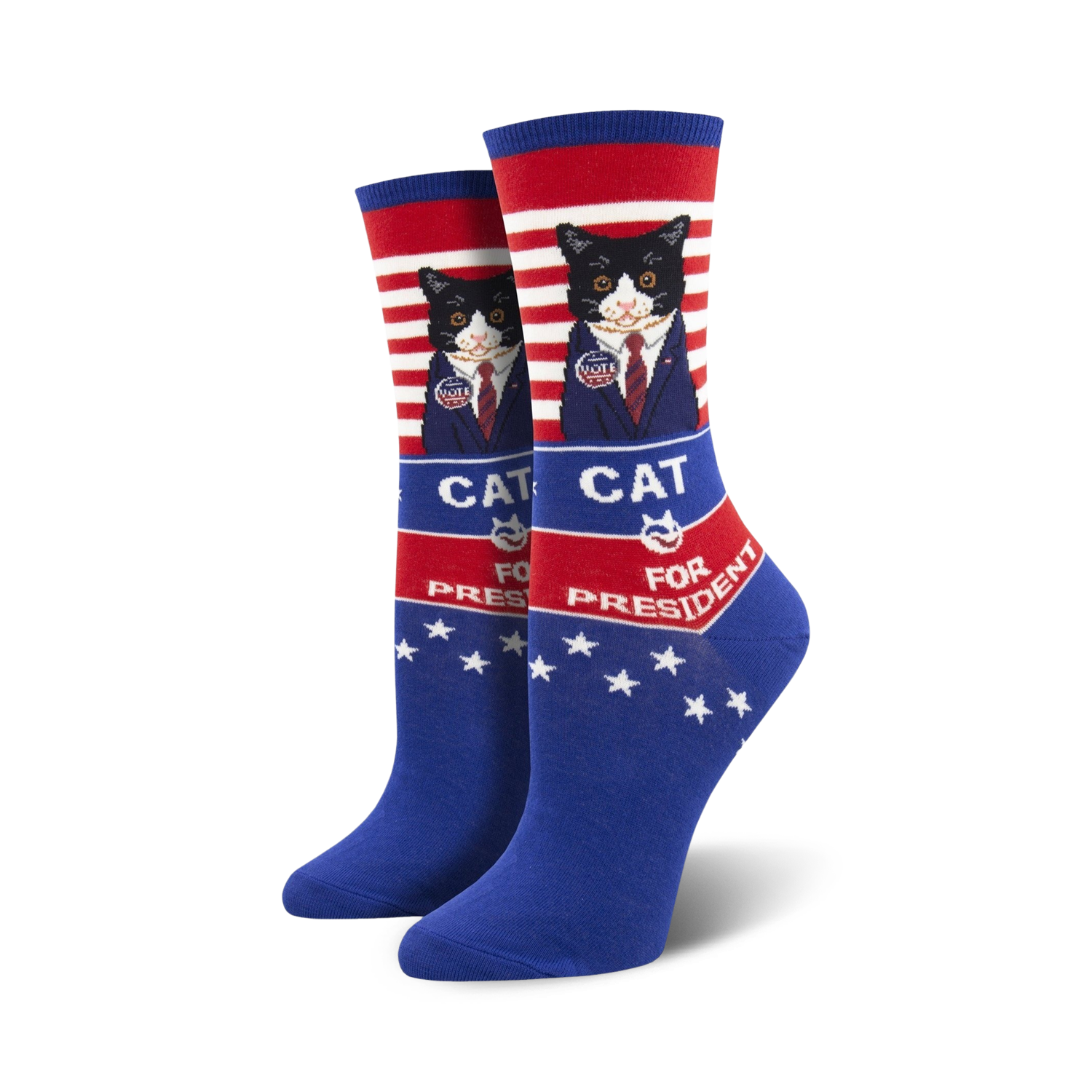 Crew socks in blue, red, and white featuring a tuxedo cat in a suit, with 'Cat for President' text.