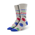 Pair of gray crew socks with blue and red suit designs and the text 'I think I'll make a snappy new day'.