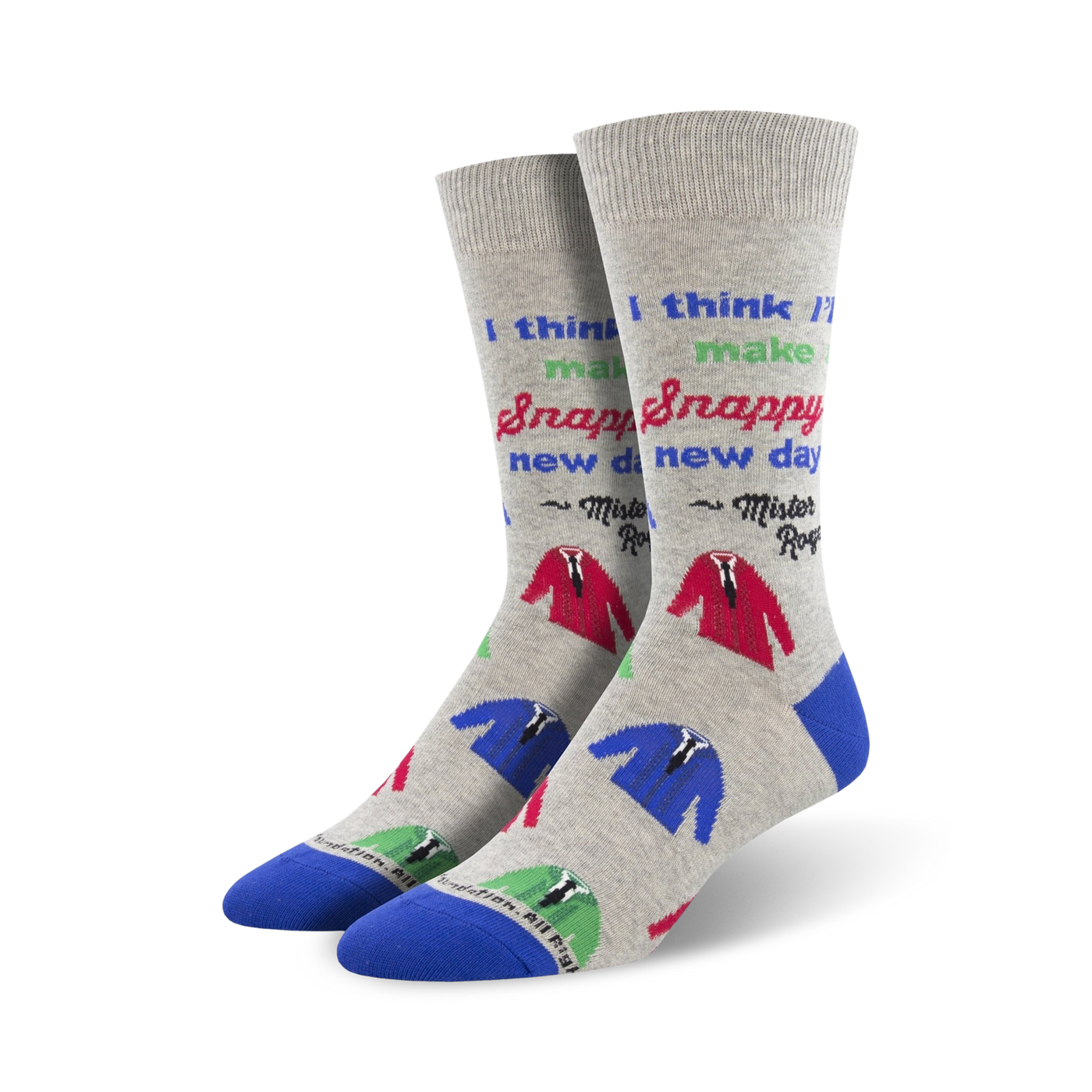Pair of gray crew socks with blue and red suit designs and the text 'I think I'll make a snappy new day'.