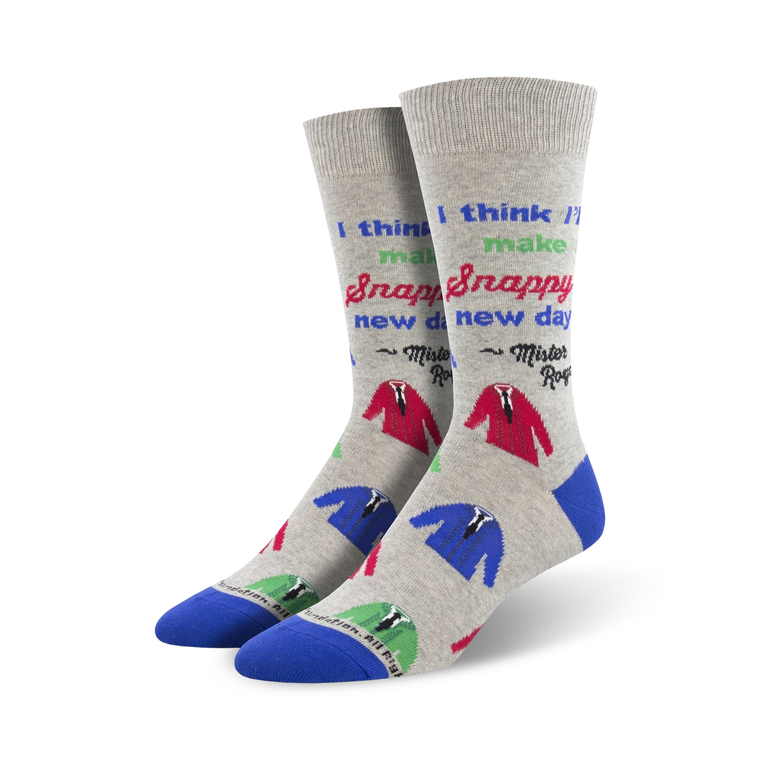 Pair of gray crew socks with blue and red suit designs and the text 'I think I'll make a snappy new day'.