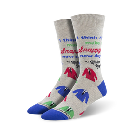 snappy dresser crew socks for men feature gray socks with pattern of blue, red, green suit jackets and mister rogers quote. 