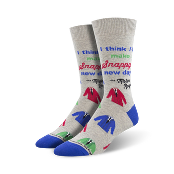 snappy dresser crew socks for men feature gray socks with pattern of blue, red, green suit jackets and mister rogers quote. 