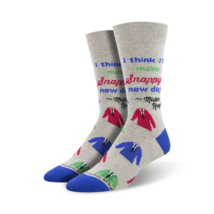 snappy dresser crew socks for men feature gray socks with pattern of blue, red, green suit jackets and mister rogers quote.  }}