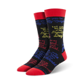 Pair of black crew socks with red cuffs.  Multicolored text features inspirational Mister Rogers quotes.