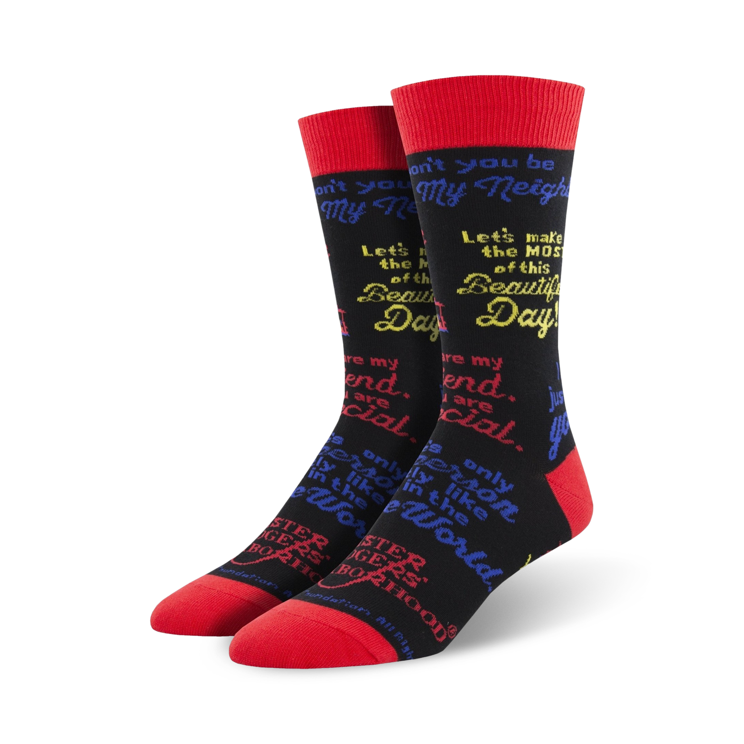 Pair of black crew socks with red cuffs.  Multicolored text features inspirational Mister Rogers quotes.