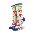 Pair of women's crew socks. Cream background with colorful dancing horses, blue cuffs. 