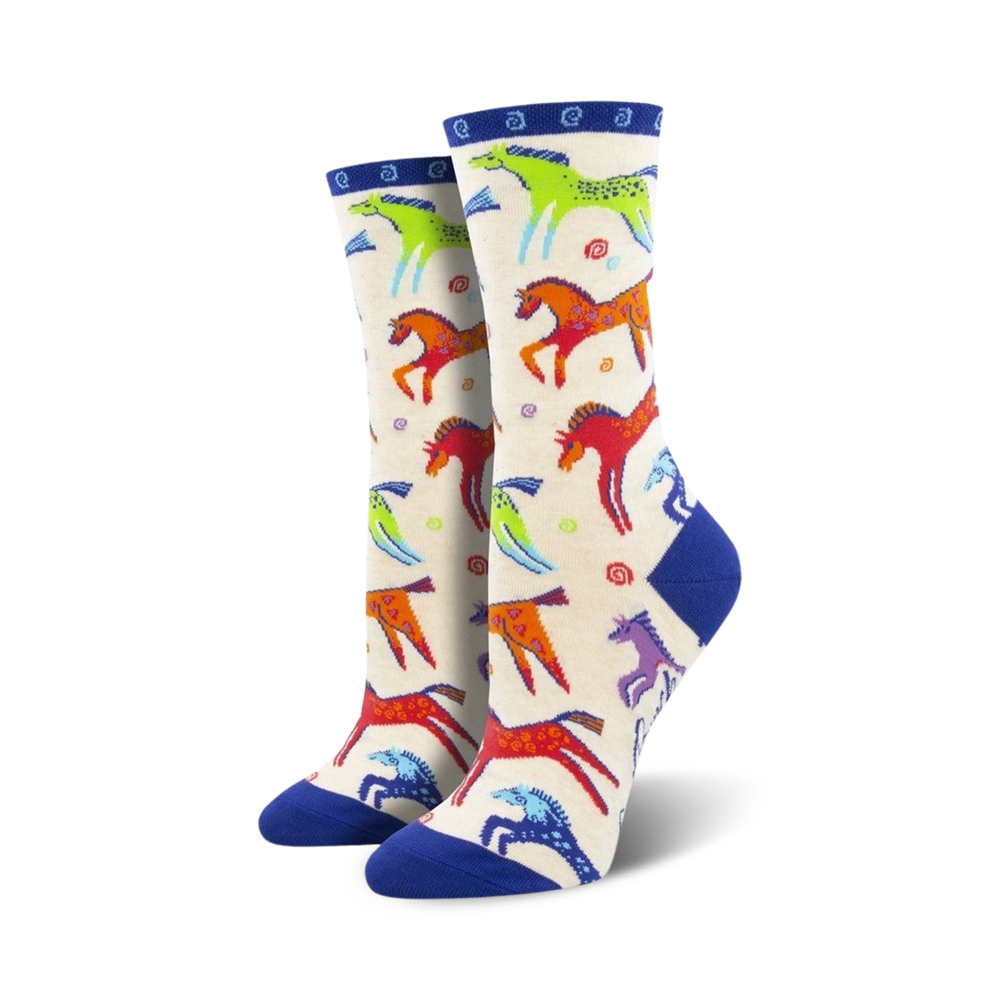 Pair of women's crew socks. Cream background with colorful dancing horses, blue cuffs. 