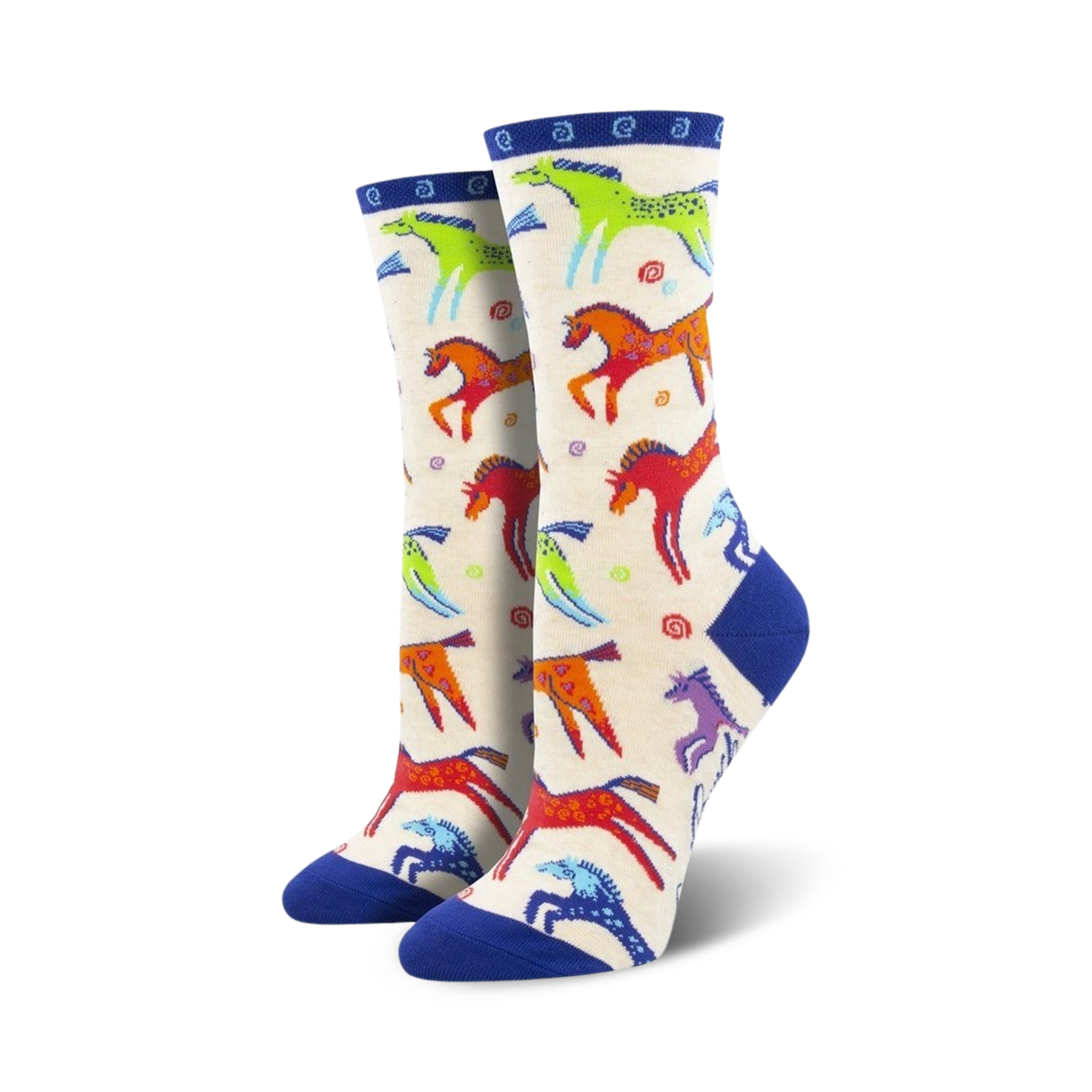 Pair of women's crew socks. Cream background with colorful dancing horses, blue cuffs. 