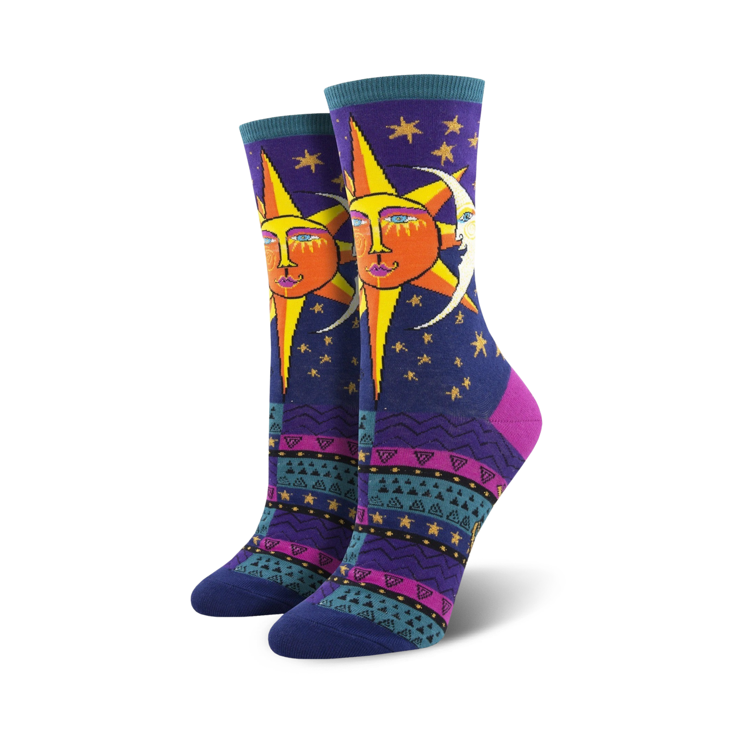Pair of women's crew socks. Deep purple background with a whimsical sun and moon design. Colorful Southwestern-inspired pattern at the bottom.