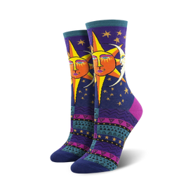 crew-length purple sun and moon socks with faces feature laurel burch designs for women.   
