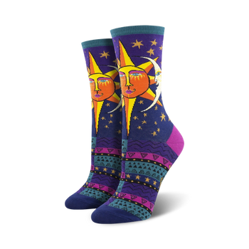crew-length purple sun and moon socks with faces feature laurel burch designs for women.   