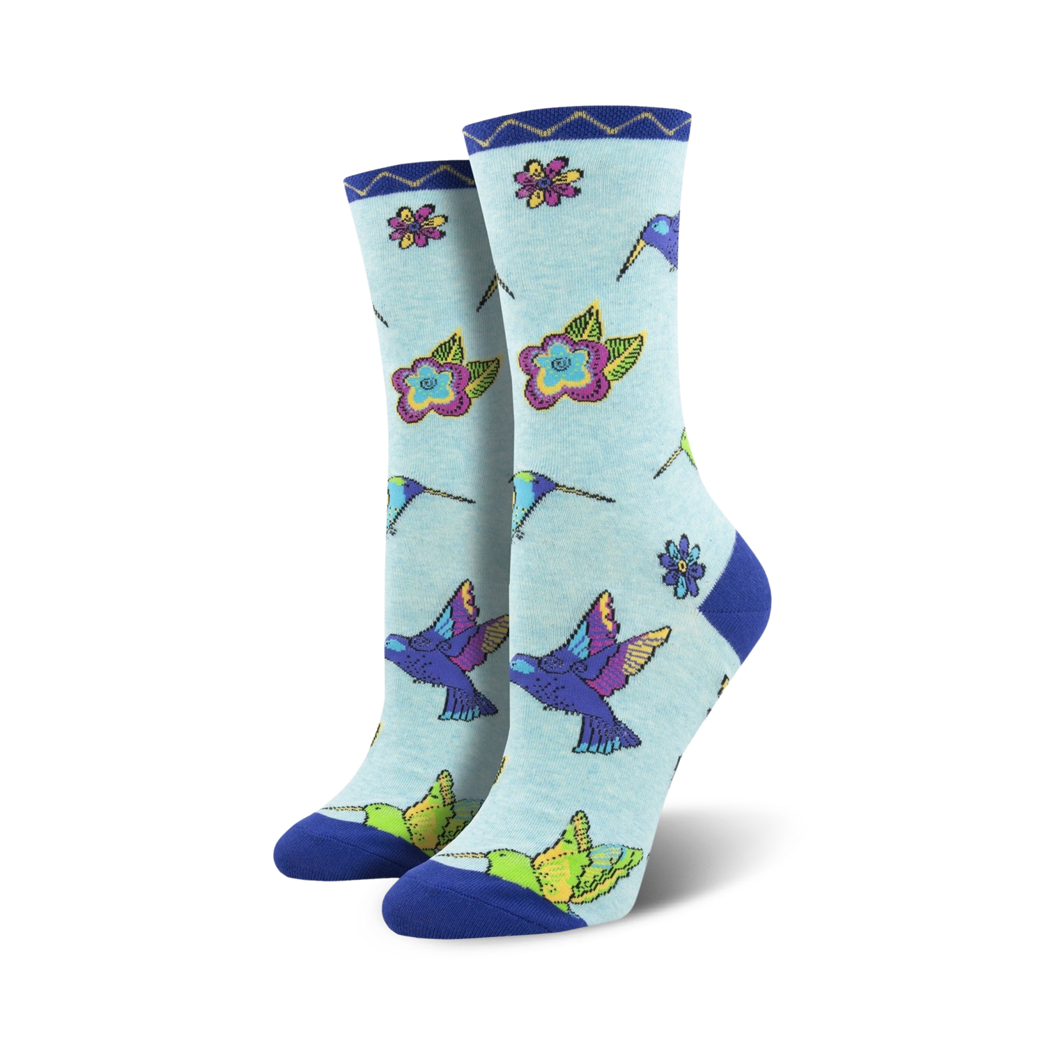 Pair of crew socks in light blue featuring colorful hummingbirds and flowers. Blue and teal accents on the cuffs.