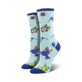 hummingbird and flower print socks for women. blue, green, yellow, purple and pink. crew length.  